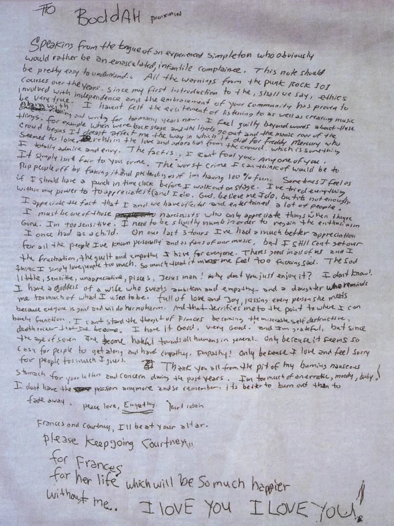 La lettera scritta da Kurt Cobain prima di suicidarsi.