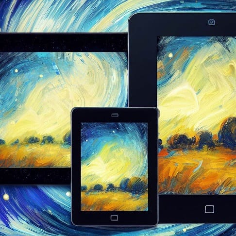 Un PC, uno smartphone e un tablet in stile dipinto di Van Gogh.