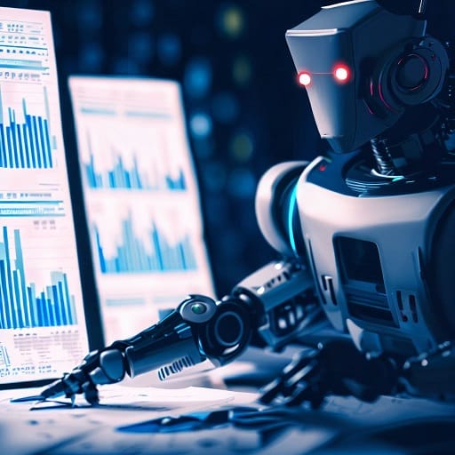 Un robot analizza dati finanziari con l'intelligenza artificiale.
