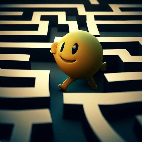 Pacman che sviluppa una strategia di Social Media Marketing percorrendo un labirinto.