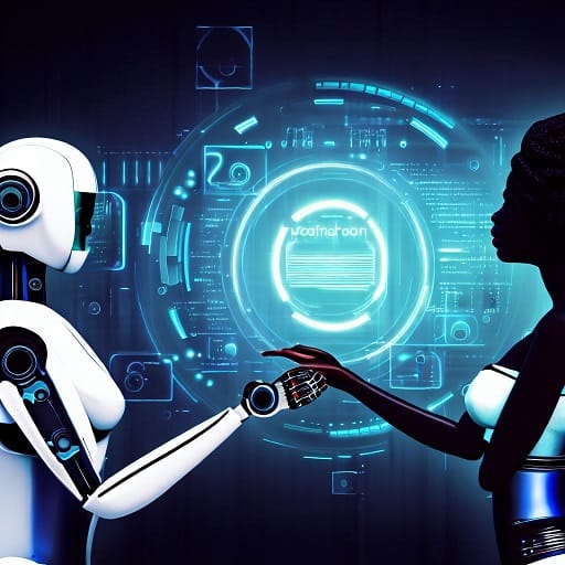 Un robot e un umano si scambiano informazioni in modo cordiale.