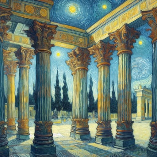 Dei pilastri nello stile di Van Gogh rappresentano i fondamenti del creare un'intelligenza artificiale.