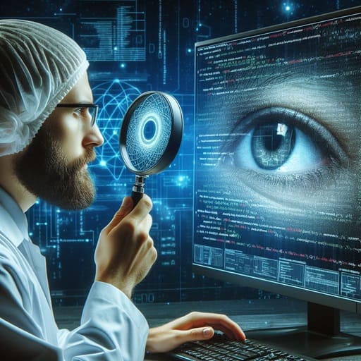 Uno scienziato guarda con la lente d'ingrandimento l'intelligenza artificiale creata, attraverso lo schermo di un PC.